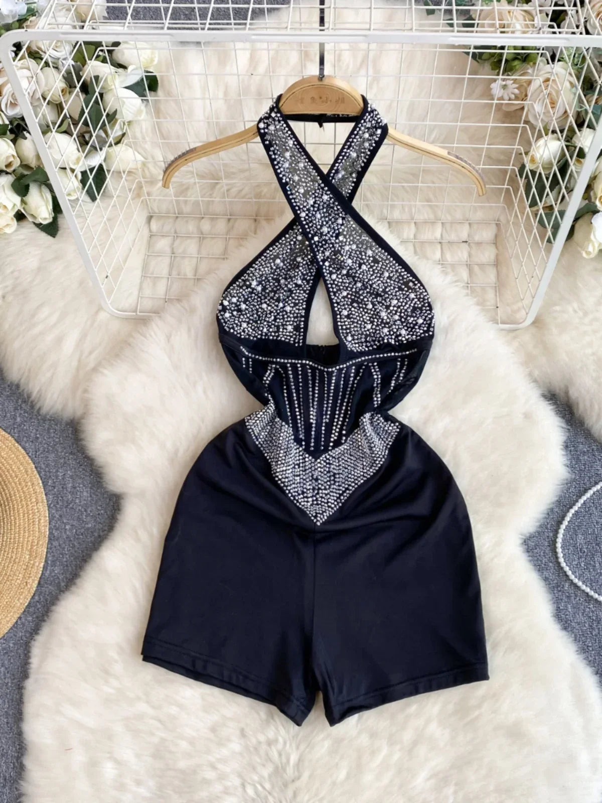 Rhinestone Beading Mesh Chic Halter Neck Sleeveless Backless - Piña Colada