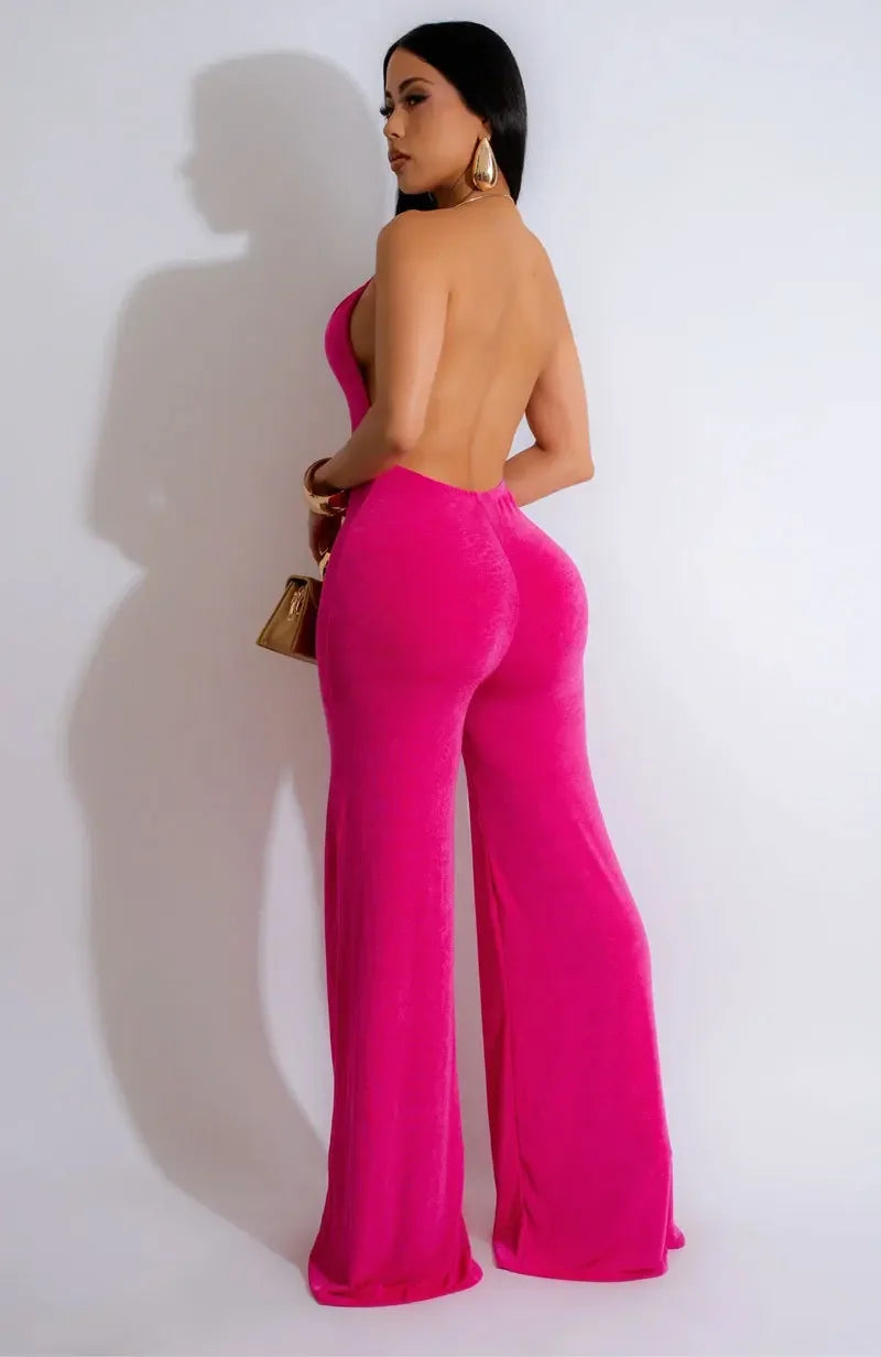 Elegant Halter Deep V Backless Cutout Wide Leg Jumpsuits - Piña Colada