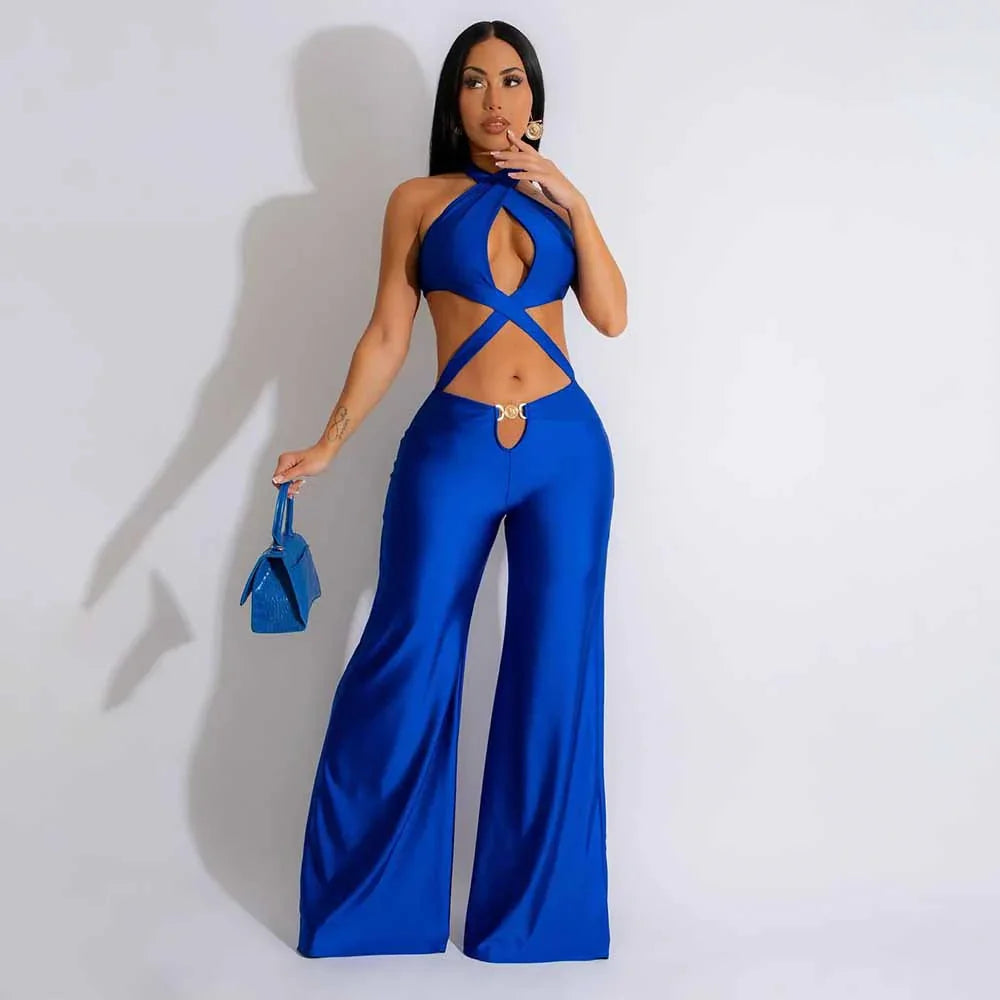 Crisscross Halter Wide-Leg Jumpsuit - Piña Colada