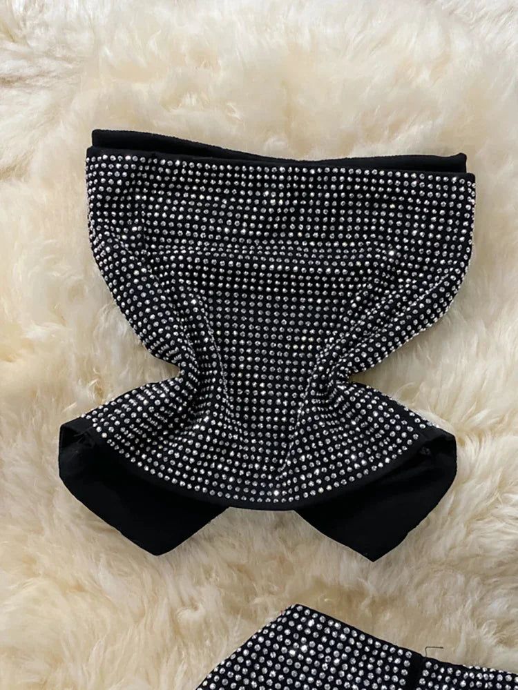 Rhinestone Slash Neck Crop Top & High Waist Pants Set - Piña Colada