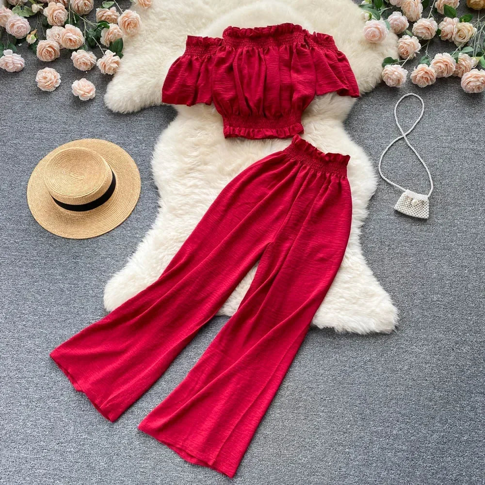 Two Piece Set High Waist Wide Leg Pants - Piña Colada