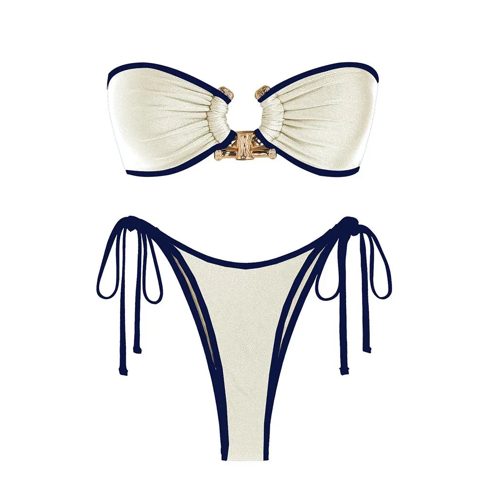 Solid Ring Detail Bikini Set - Piña Colada