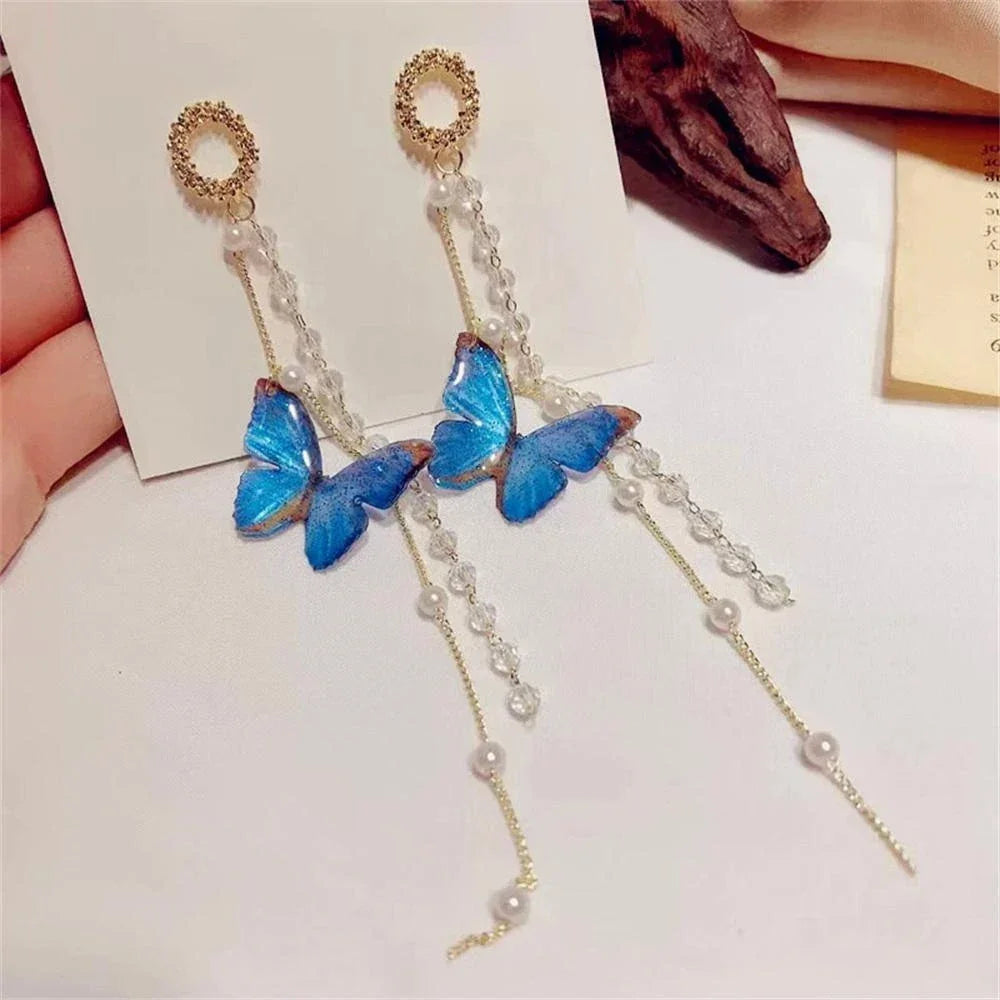 Zircon Crystal Pearls Long Tassel Butterfly Earrings - Piña Colada