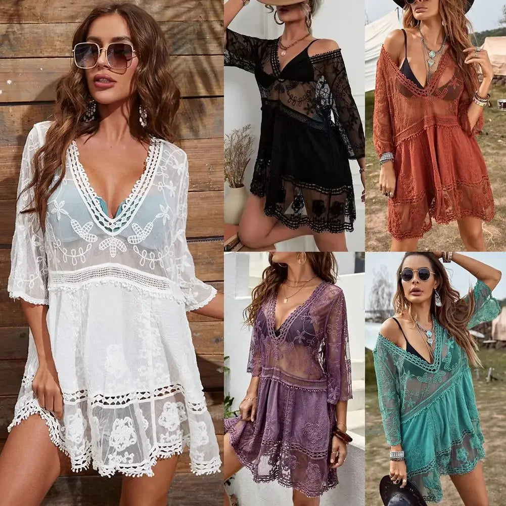Bikini Cover-up Deep V-neck Short Sleeve Dress - Piña Colada