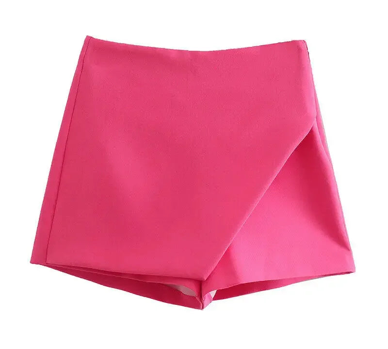 Asymmetrical High Waist Zipper Shorts - Piña Colada