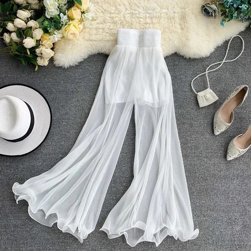 Light Chiffon Flowy Flare Pants – High Waist Summer Casual - Piña Colada