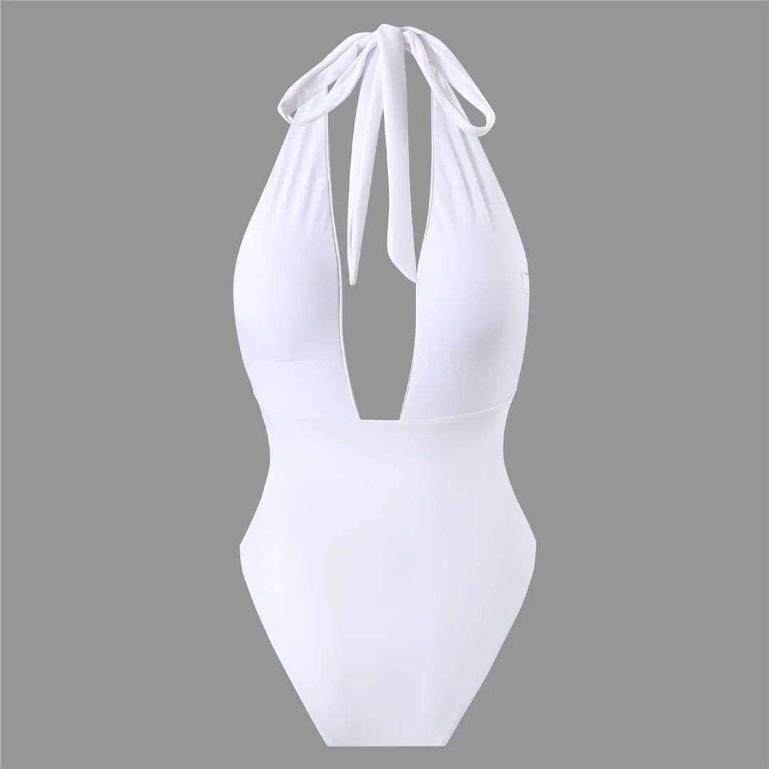 Deep V-Neck One-Piece Swimsuit with Skirt - Piña Colada