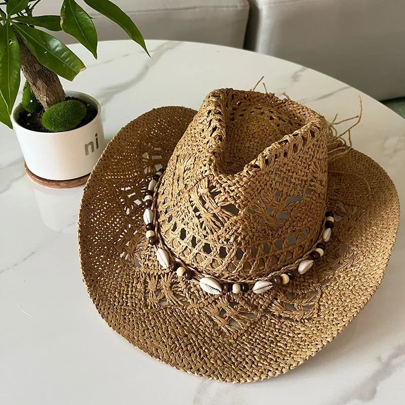Summer Bohemian Shell Straw Hat - Piña Colada