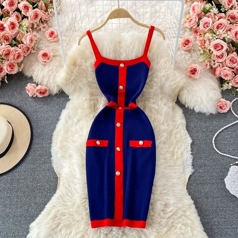 Patchwork Knit Mini Dress – Spaghetti Strap Streetwear - Piña Colada