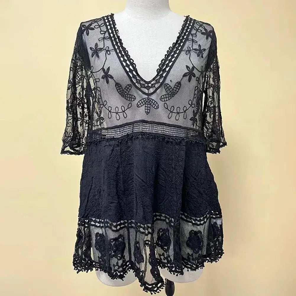 Bikini Cover-up Deep V-neck Short Sleeve Dress - Piña Colada