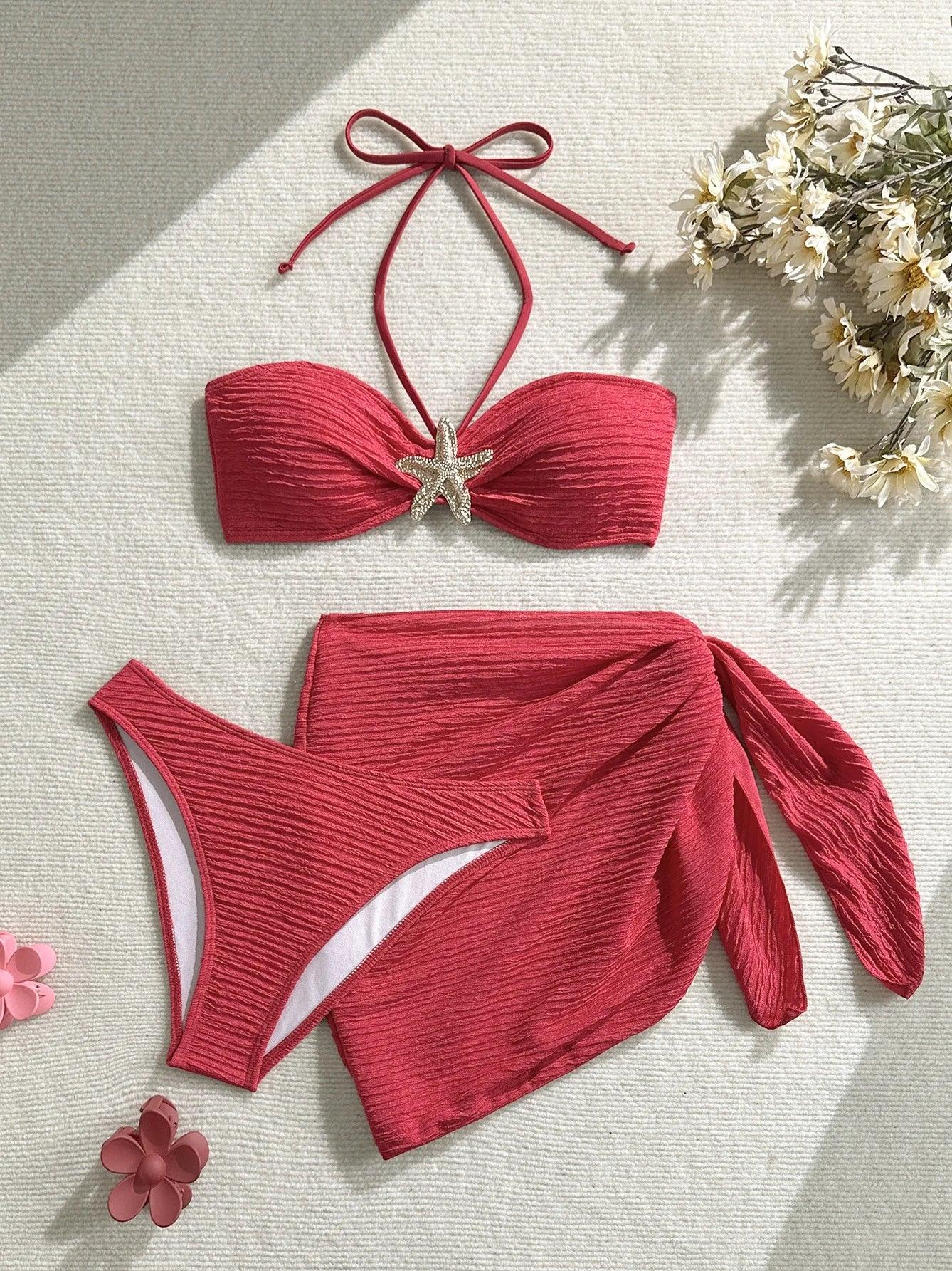 3-Piece Leopard Mesh Bikini Set – Starfish Charm & Bandeau Top - Piña Colada