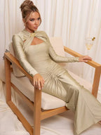Elegant Long Sleeved Elastic Tight Long Dress - Piña Colada