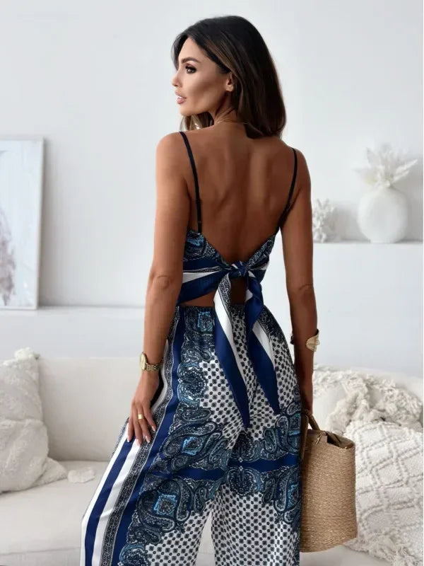 Satin Print Lace-Up Top & Wide-Leg - Piña Colada