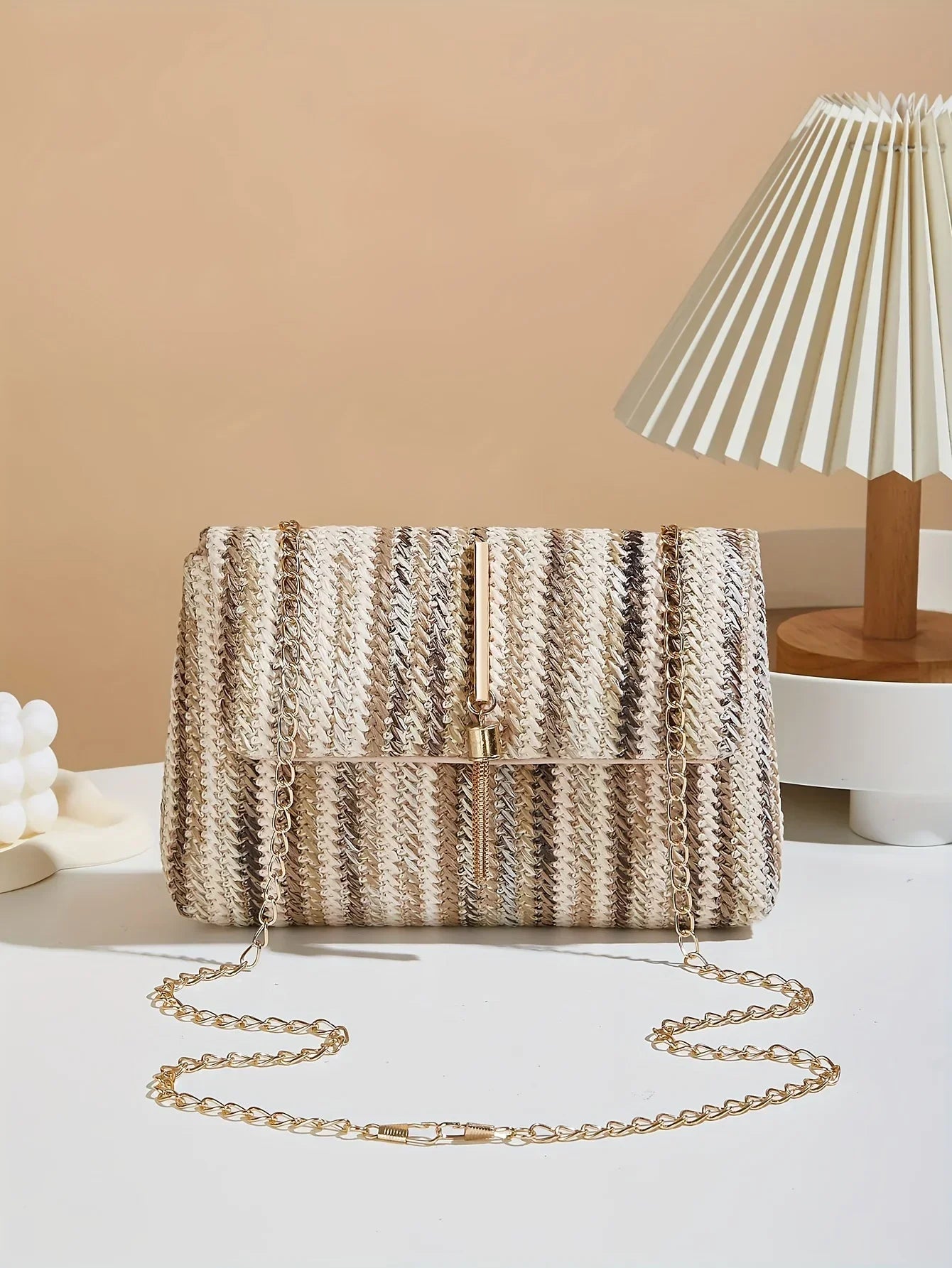 Chic Rainbow Stripe Straw Crossbody - Piña Colada