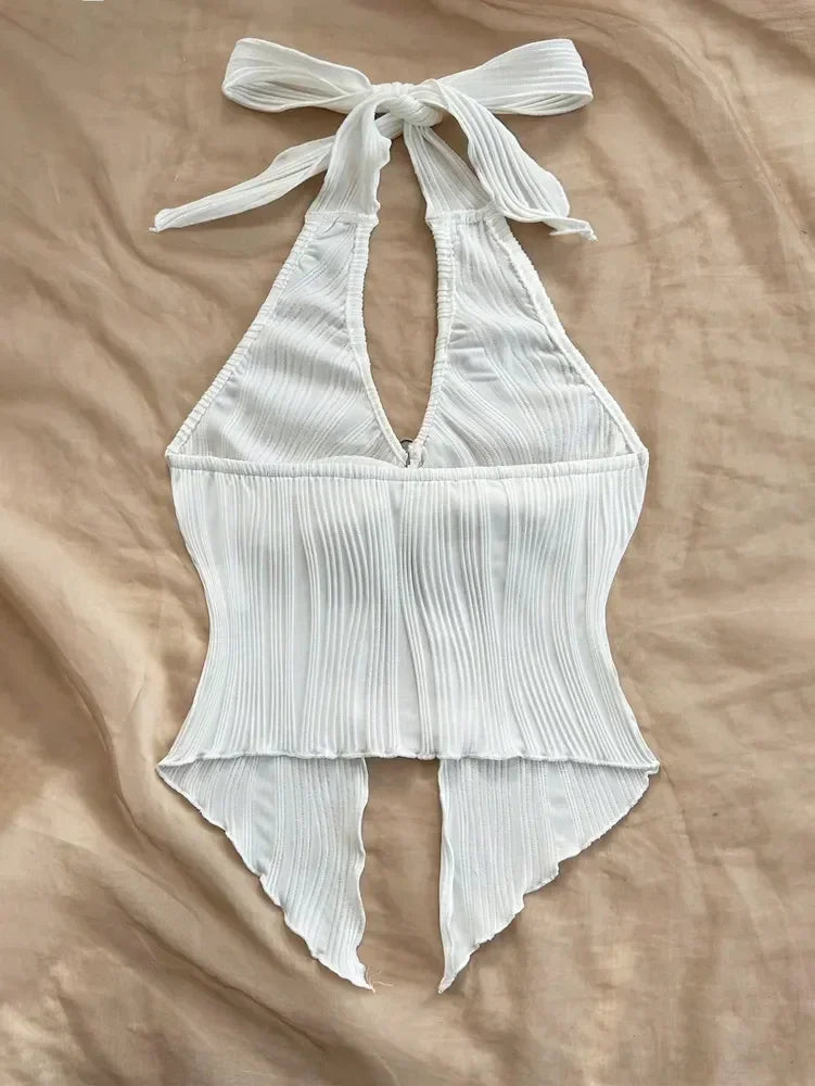 Sexy V-neck Halter Neck Crop Top - Piña Colada