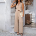 Summer V-Neck Button Crop Top & Wide-Leg Pants Set - Piña Colada
