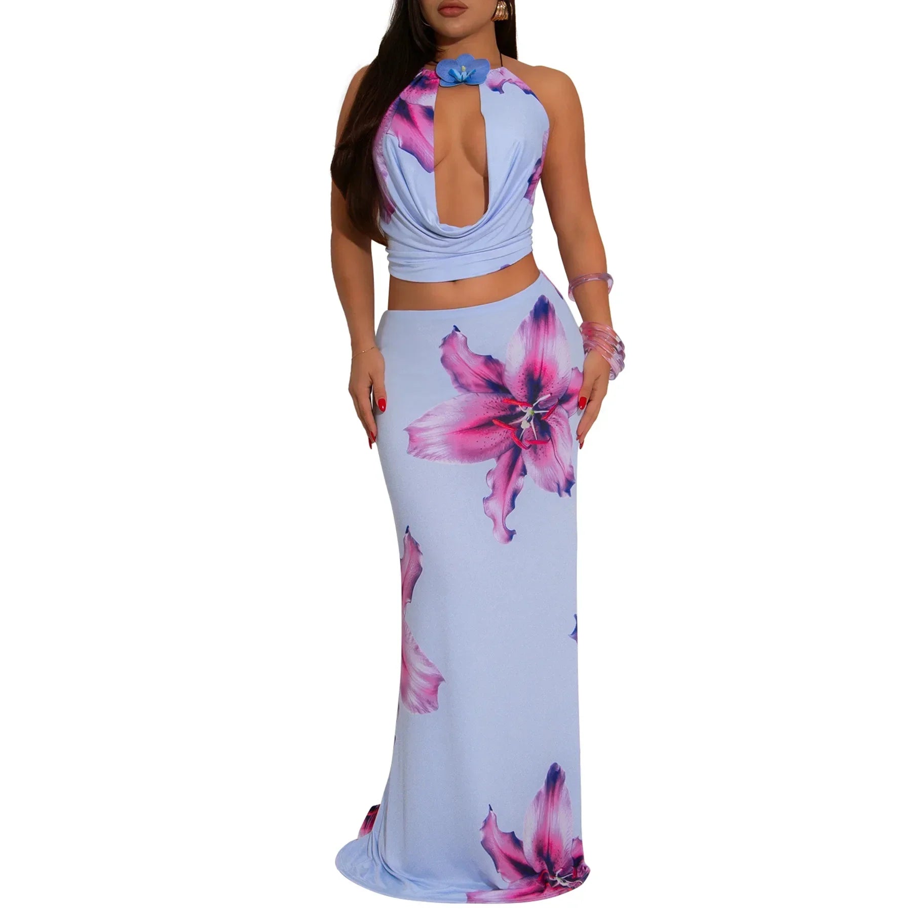 Floral Crop Top & Bodycon Skirt Set - Piña Colada
