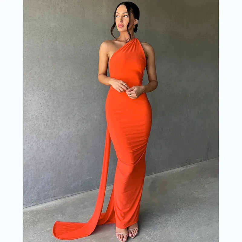 One Shoulder Backless Adjustable Scarf Maxi Dress - Piña Colada