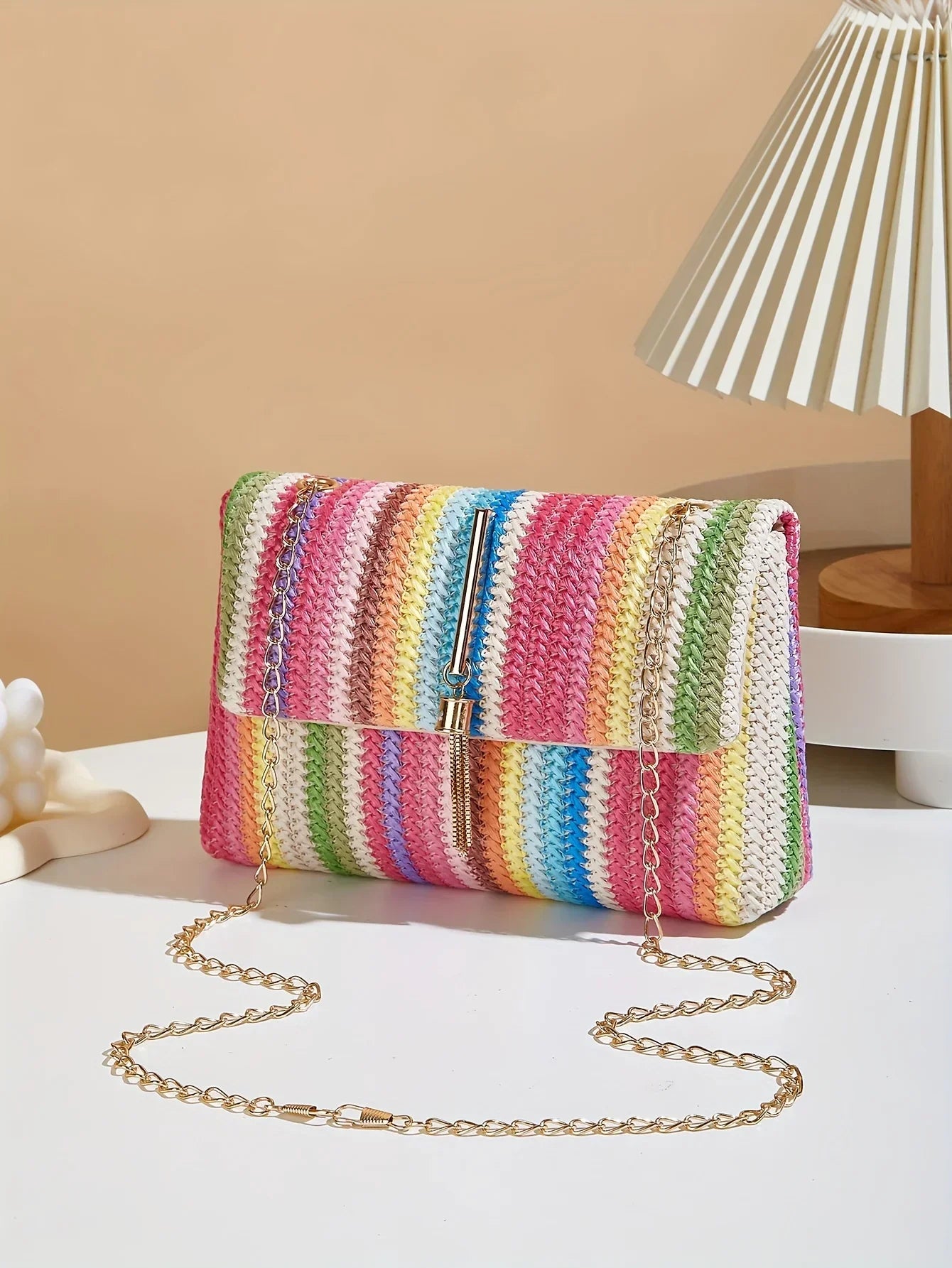 Chic Rainbow Stripe Straw Crossbody - Piña Colada