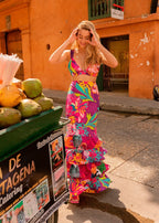 Draped Print V-Neck Maxi Dress – Beachwear Edition - Piña Colada