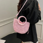 Boho Rattan Half-Moon Crossbody Bag – Handwoven Summer Straw Shoulder Purse - Piña Colada