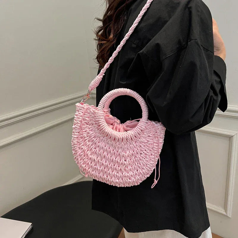 Boho Rattan Half-Moon Crossbody Bag – Handwoven Summer Straw Shoulder Purse - Piña Colada