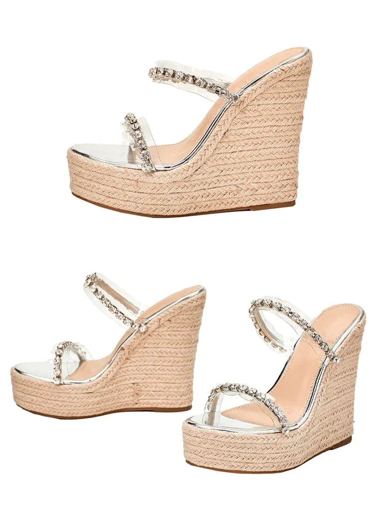 Crystal Wedge Slide Sandals – Elegant PU Platform Mules - Piña Colada