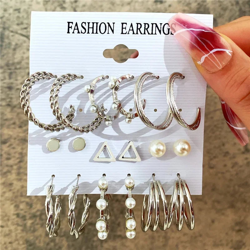 Modyle Geometric Pearl Hoop Earrings Set - Piña Colada