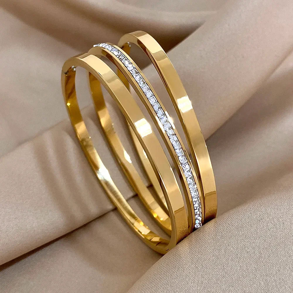 3pcs Glossy Rhinestone Stainless Steel Bangle - Piña Colada
