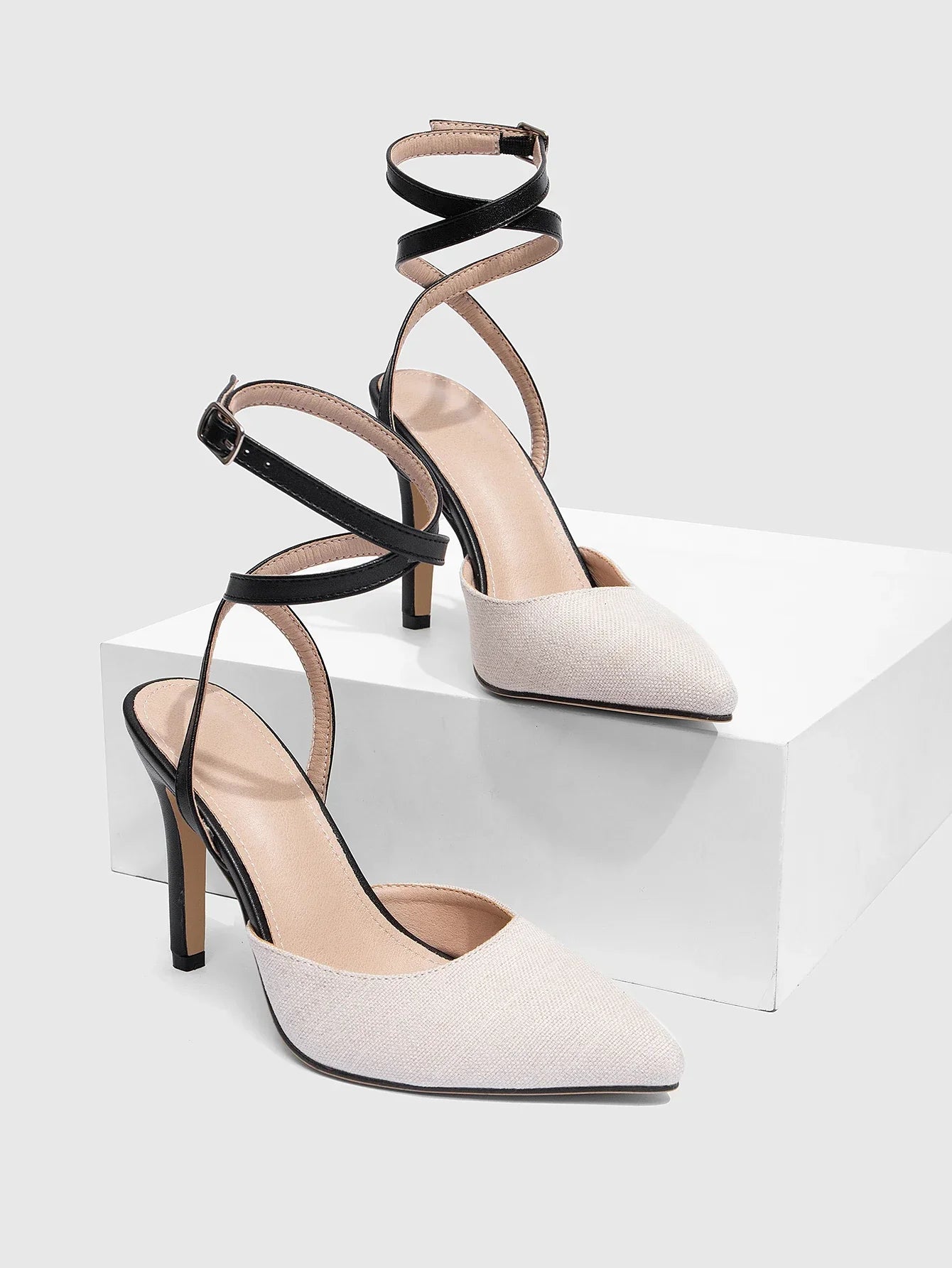 High Heel Canvas Slingback Pumps – Buckle Strap & Pointed Toe - Piña Colada