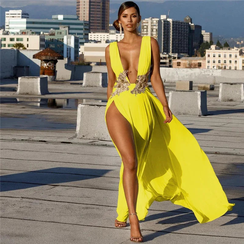 Elegant V-Neck Embroidered Maxi Dress - Piña Colada