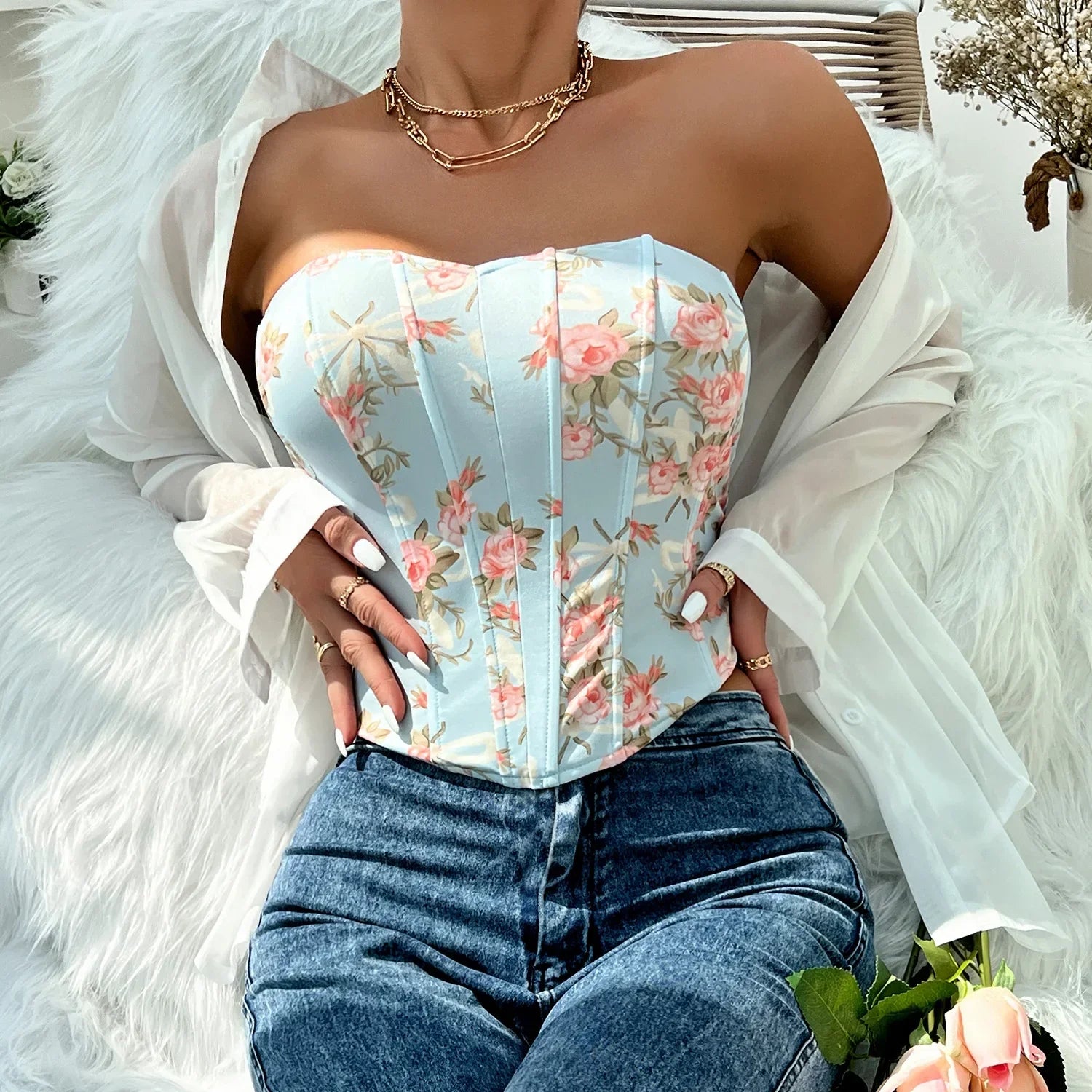 Off Shoulder Tank Top Low Cut Open Back - Piña Colada