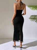Flower Knitted Black Long Dress