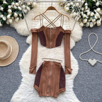 Two Piece Suits Off The Shoulder Zipper Crop Top - Piña Colada