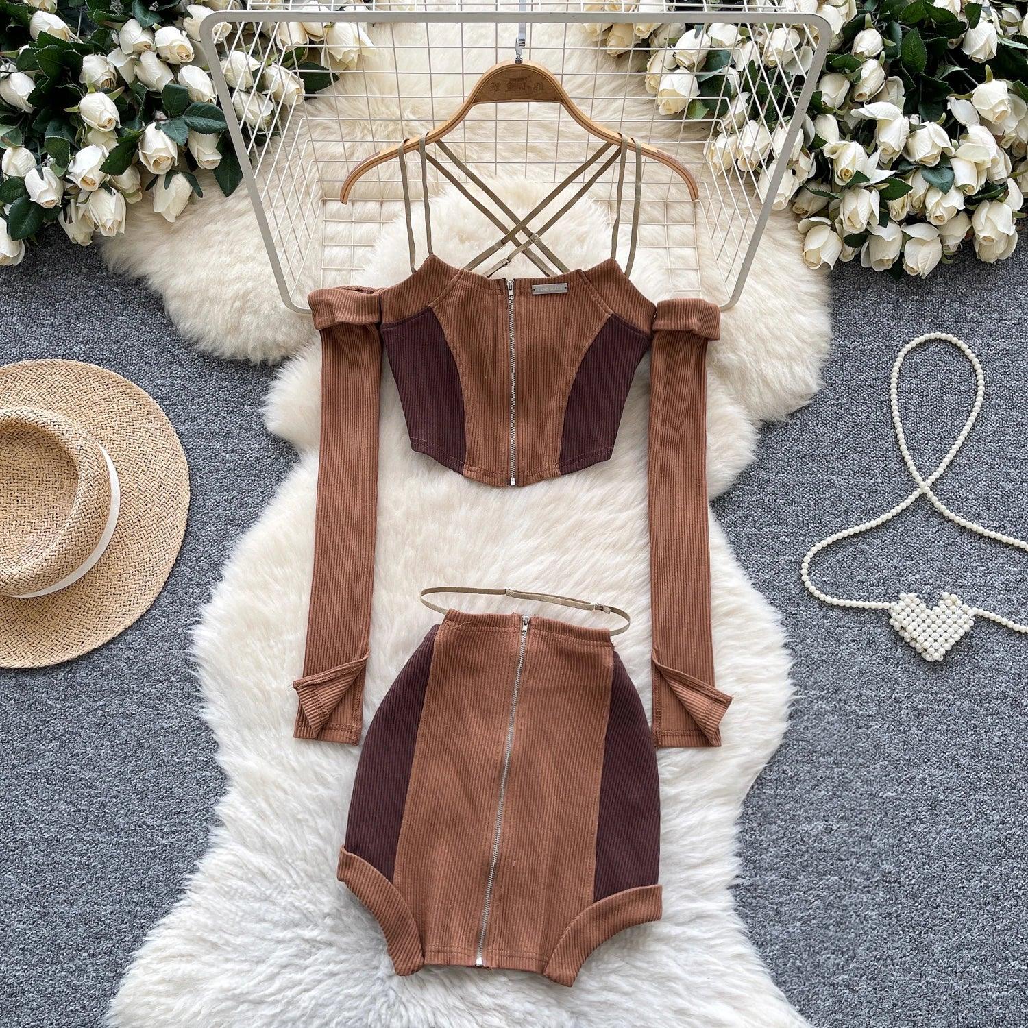 Two Piece Suits Off The Shoulder Zipper Crop Top - Piña Colada