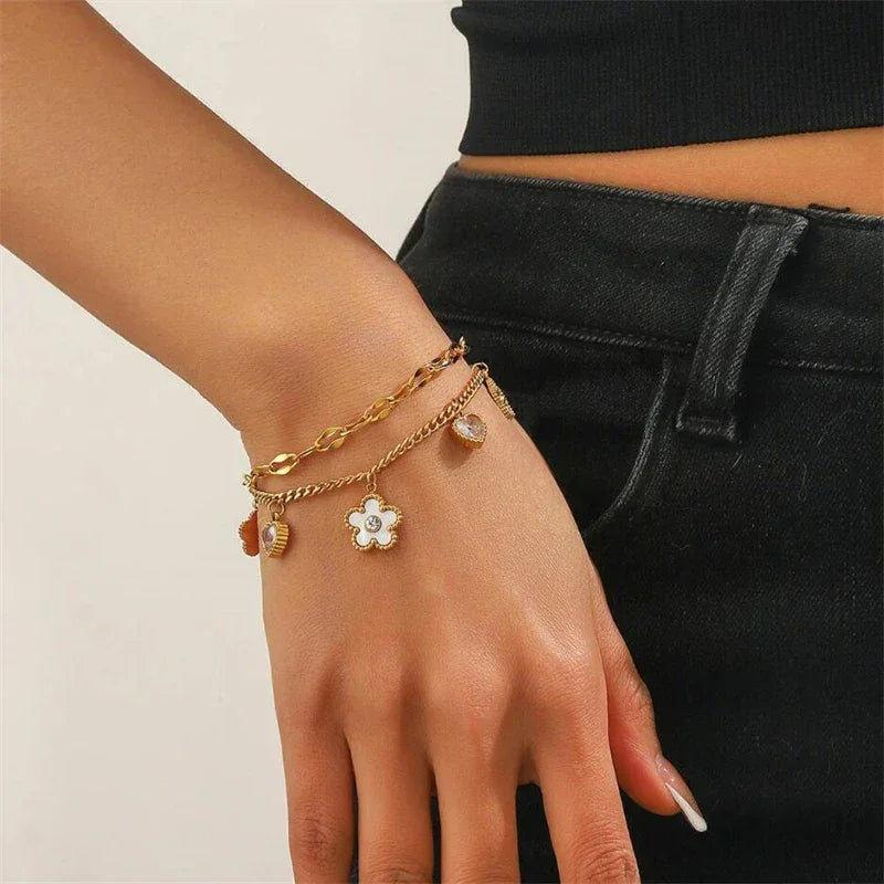 Stainless Steel 2025 New Fashion Jewelry Zircon Seashell Heart Flowers Charm - Piña Colada