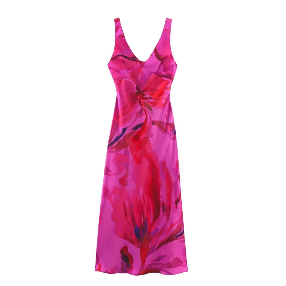 Printed Backless Midi Dress – Sleeveless V-Neck - Piña Colada