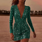 Deep V Neck Long Sleeve Shiny Dress - Piña Colada