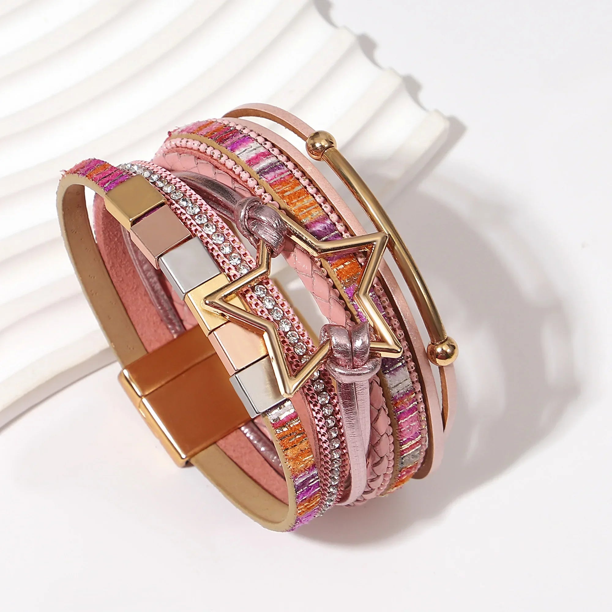 Hollow Star Weave Leather Bracelet - Piña Colada