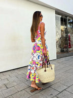 Floral Printed Yellow Dresses - Elegant Sleeveless - Piña Colada