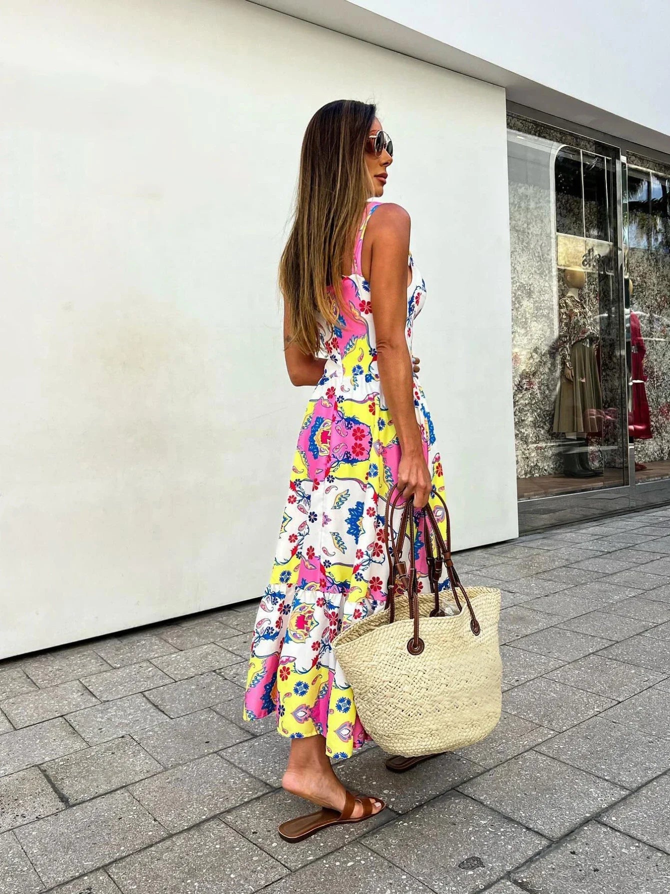 Floral Printed Yellow Dresses - Elegant Sleeveless - Piña Colada