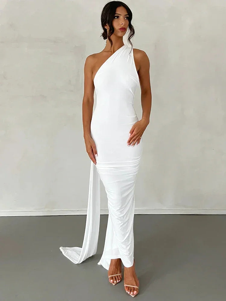 One Shoulder Backless Adjustable Scarf Maxi Dress - Piña Colada