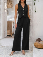 Summer V-Neck Button Crop Top & Wide-Leg Pants Set - Piña Colada