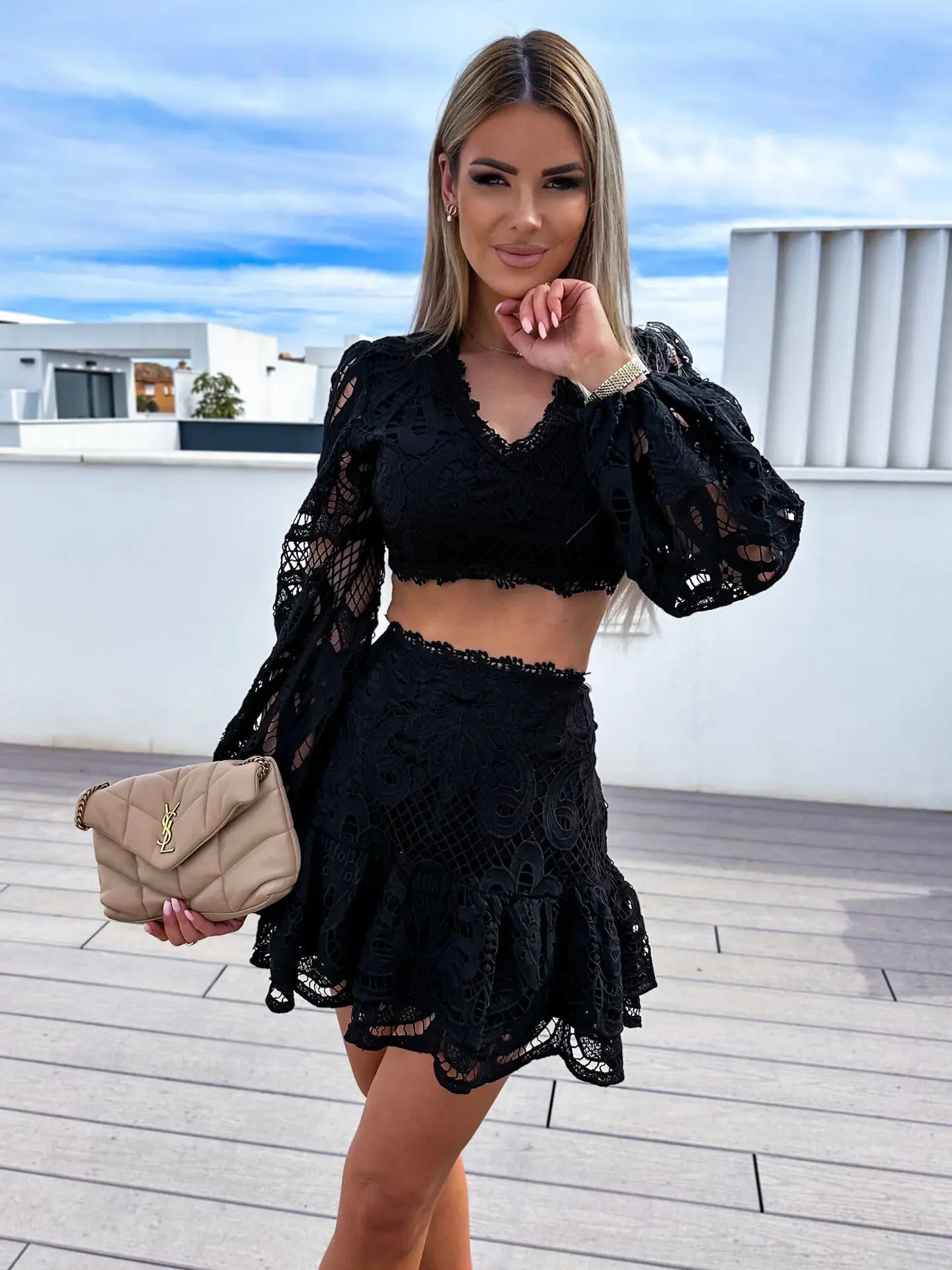 White Lace Patchwork Skirts Two Piece - Piña Colada