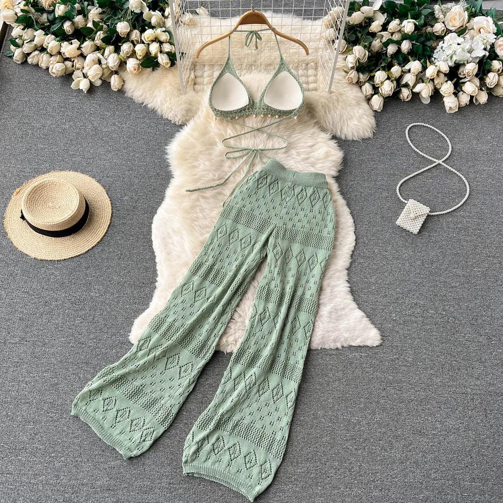 Backless Knit Crop & Wide-Leg Pants Set - Piña Colada