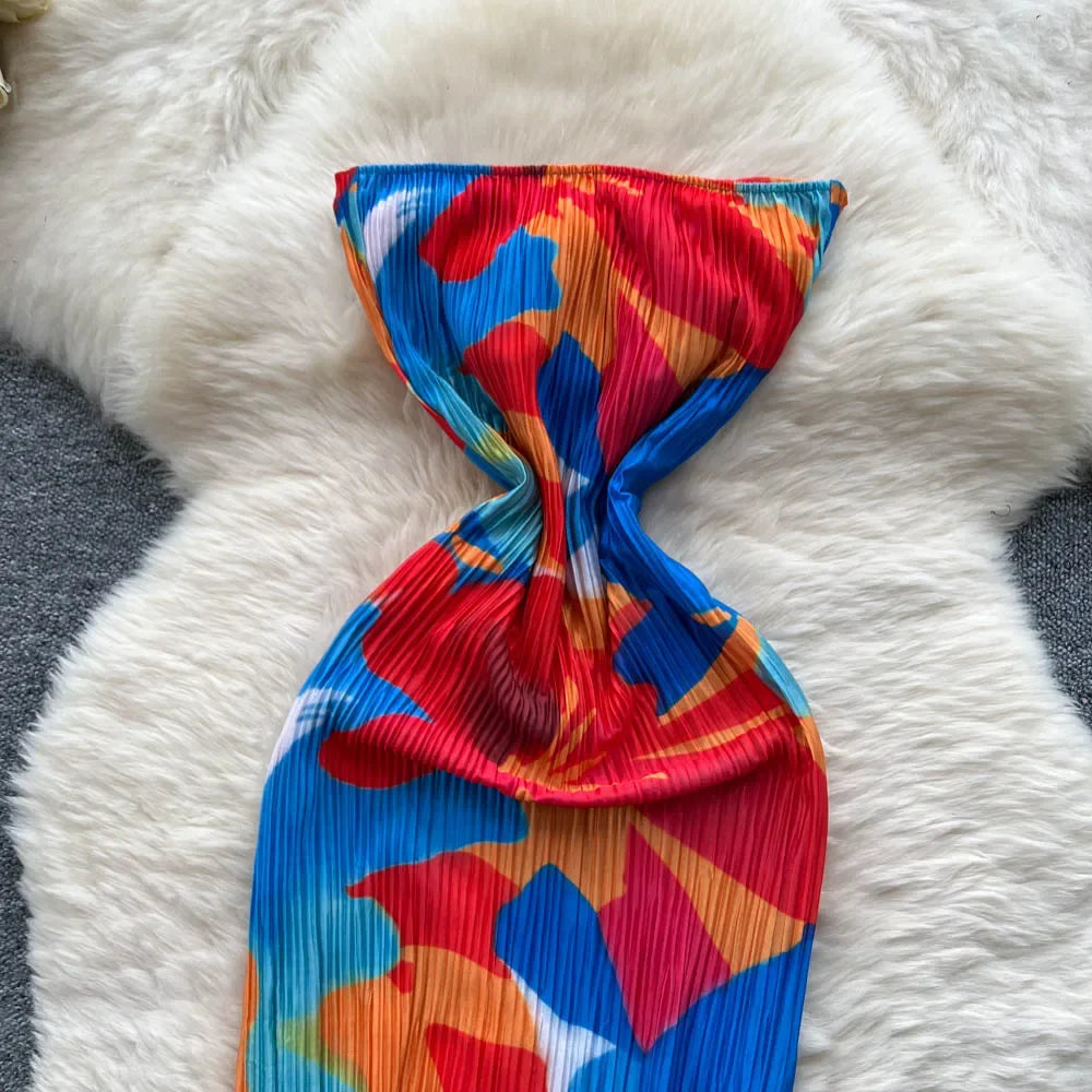 Strapless Print Maxi Dress – Slim Fit with Bow Detail - Piña Colada