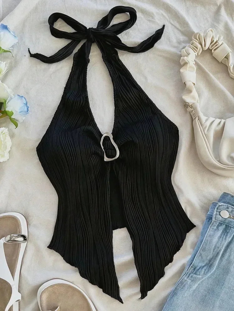 Sexy V-neck Halter Neck Crop Top - Piña Colada
