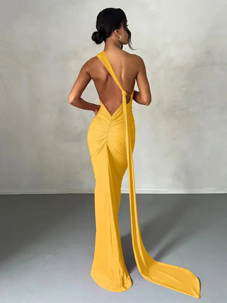 One Shoulder Backless Adjustable Scarf Maxi Dress - Piña Colada
