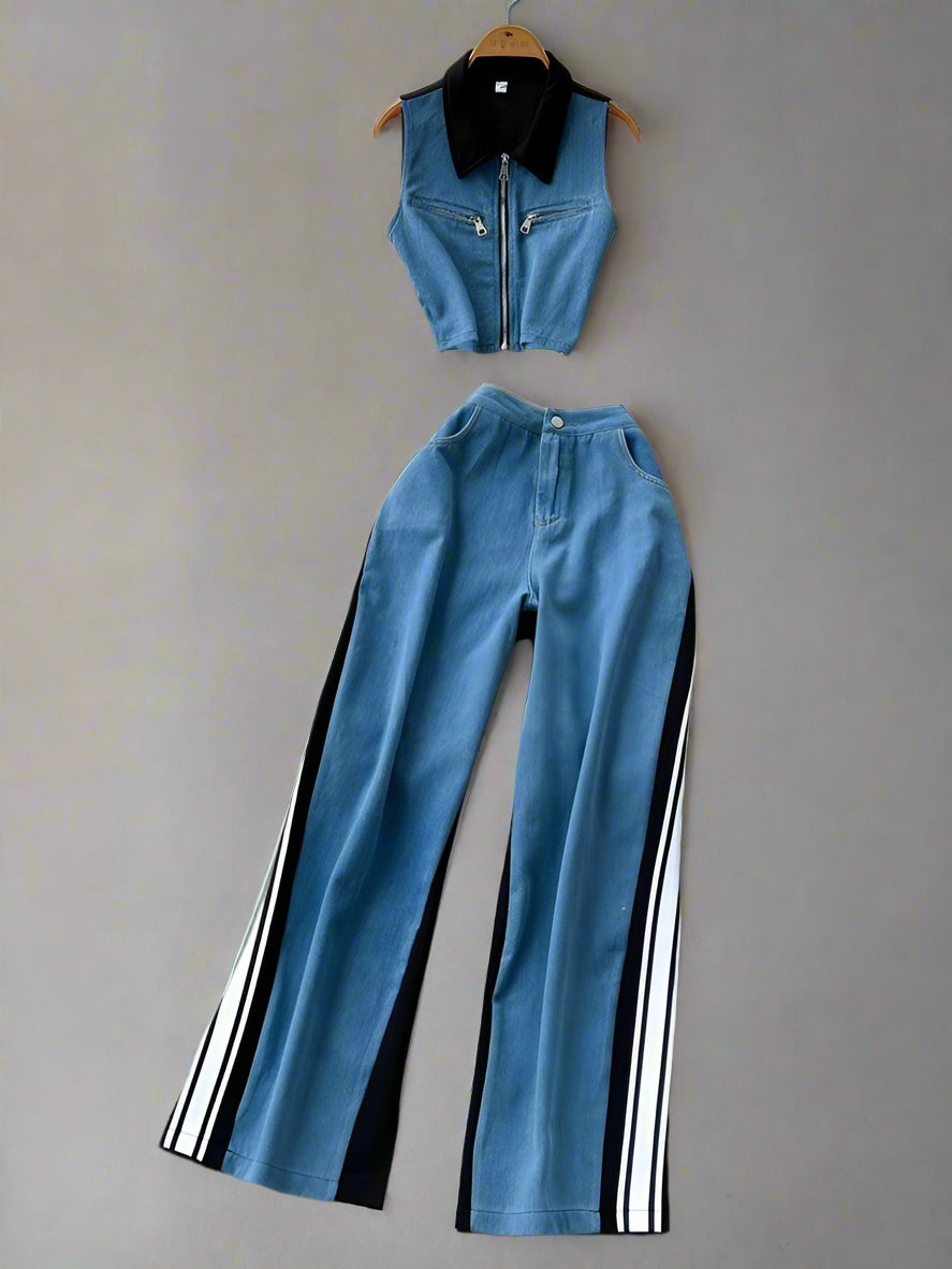 Patchwork Denim Two-Piece Set - Piña Colada
