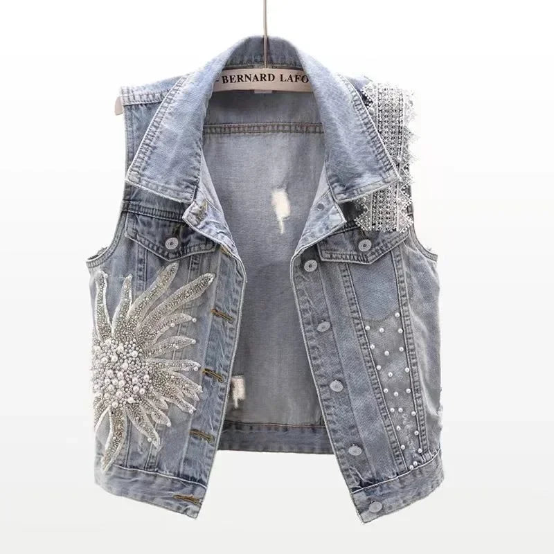 Beaded Lace Denim Vest - Piña Colada